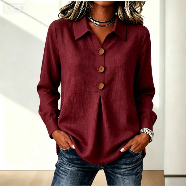 Burgundy version of the shirt with collar and three wooden buttons, worn by a model 11