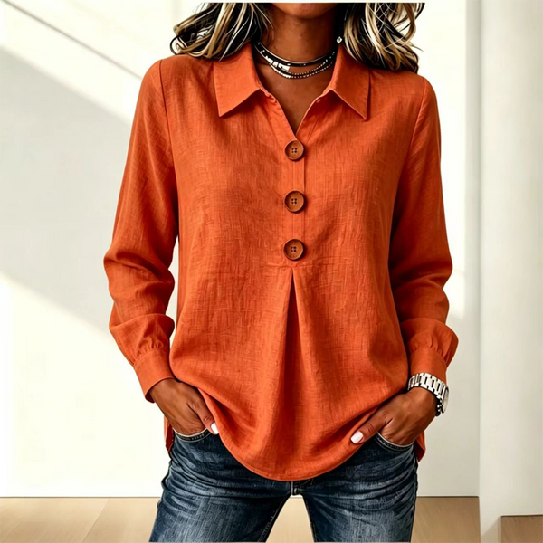Orange version of the shirt with three wooden buttons and long sleeves, worn with jeans 12
