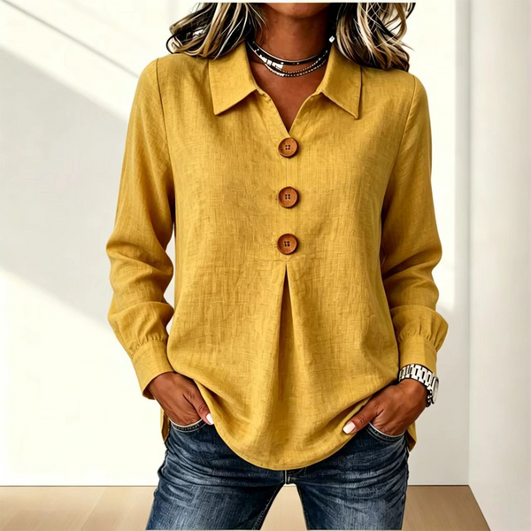Mustard yellow version of the shirt with collar and three wooden buttons, worn with jeans 13