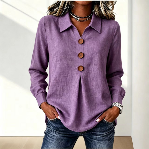 Purple version of the shirt with three wooden buttons and front pleat, worn with jeans 14