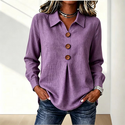 Purple version of the shirt with three wooden buttons and front pleat, worn with jeans 14