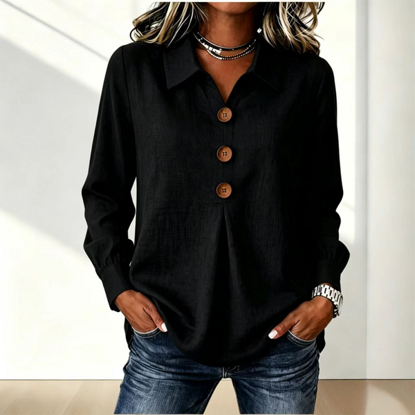 Black version of the shirt with three wooden buttons and gathered cuffs, worn with jeans 4