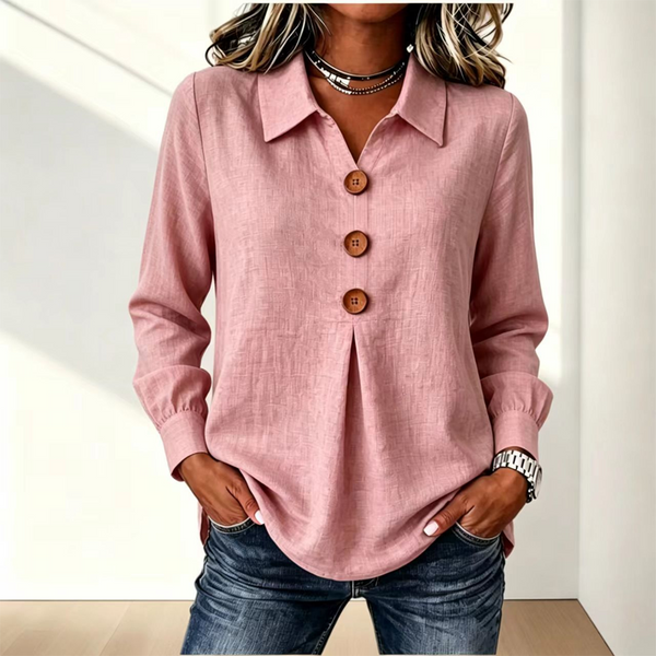 Pink version of the shirt with pointed collar and three wooden buttons, worn with jeans 5