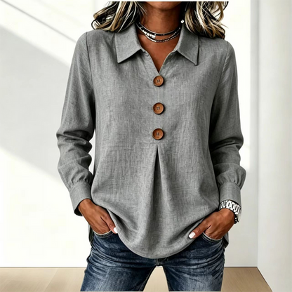 Grey version of the shirt with three wooden buttons and front pleat, worn with jeans 8