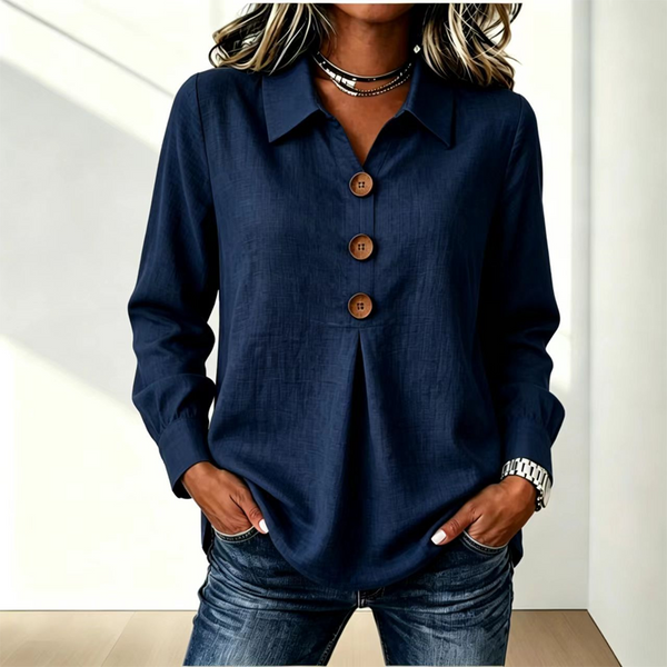 Navy version of the shirt with collar and three wooden buttons, worn with jeans 9