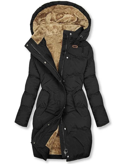 Black quilted coat with a golden-brown fleece lining visible in the hood and open front, plus two flap pockets at the waist. 3