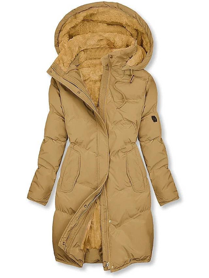 Camel quilted long coat with the zip partly open, showing the soft fleece lining in the hood and body. 1