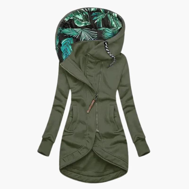 Olive green version of the long hooded jacket, fastened with the asymmetric zip, with leaf-print hood lining and curved hem. 3