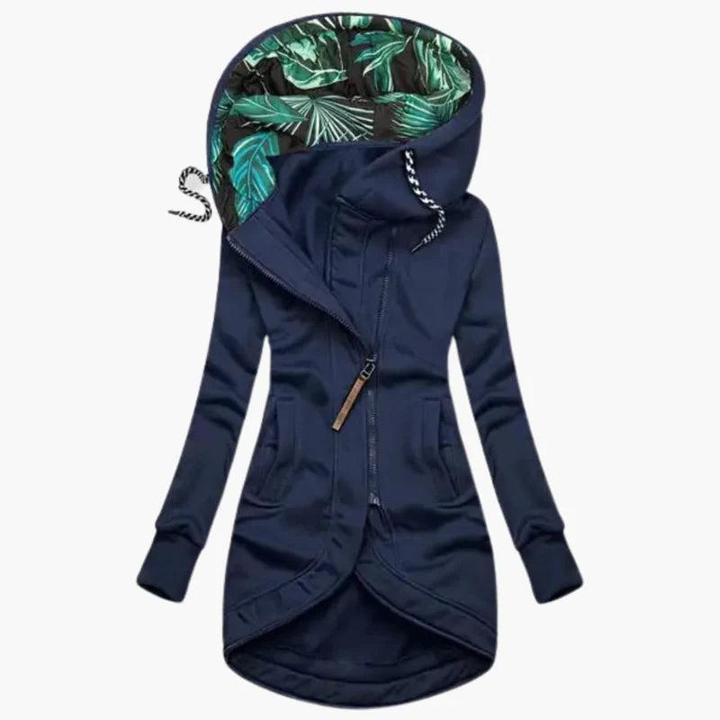 Navy blue version of the long hooded jacket, with side pockets, ribbed cuffs, curved hem and leaf-print hood lining. 5