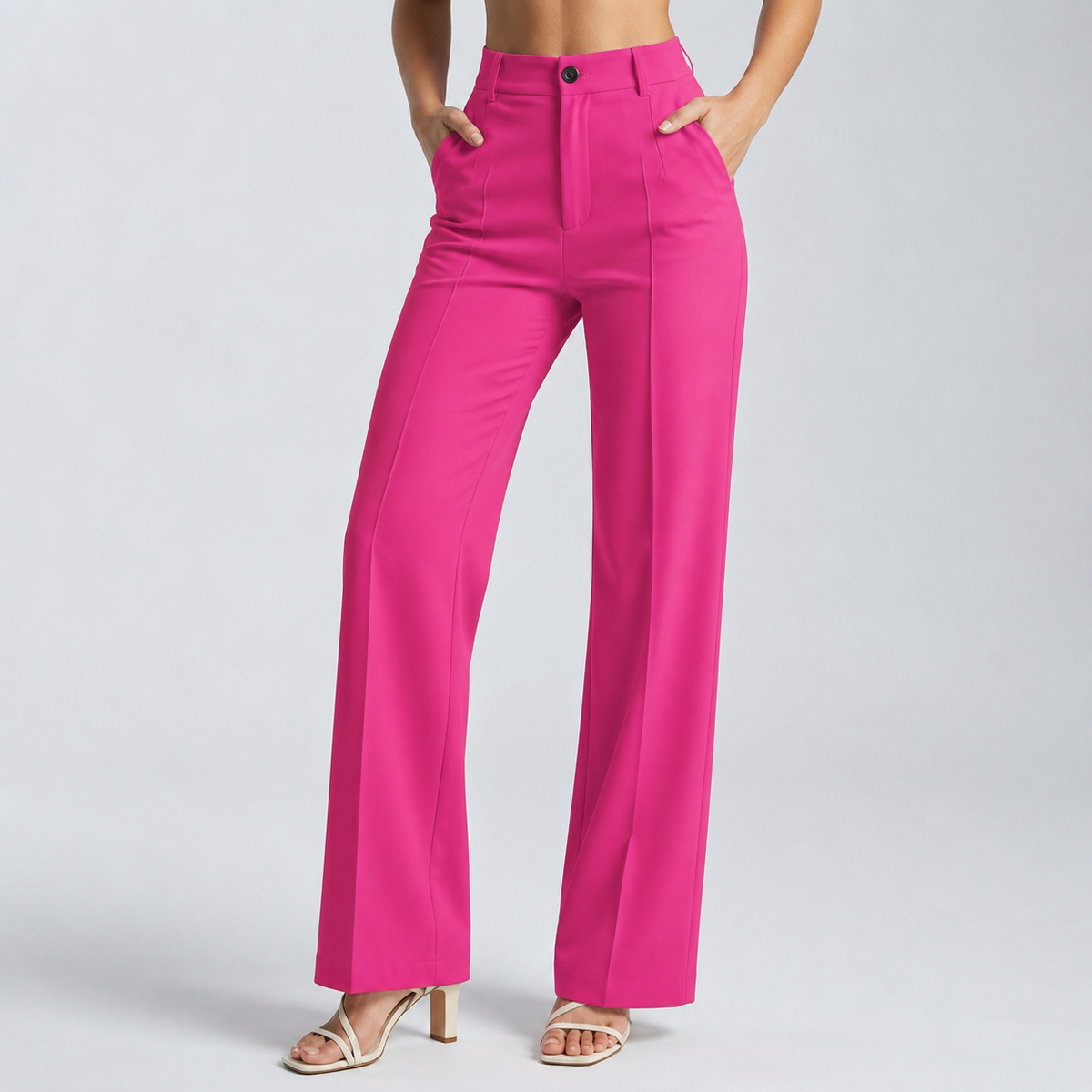 Bright pink high-waisted trousers on a model with both hands in the pockets 13