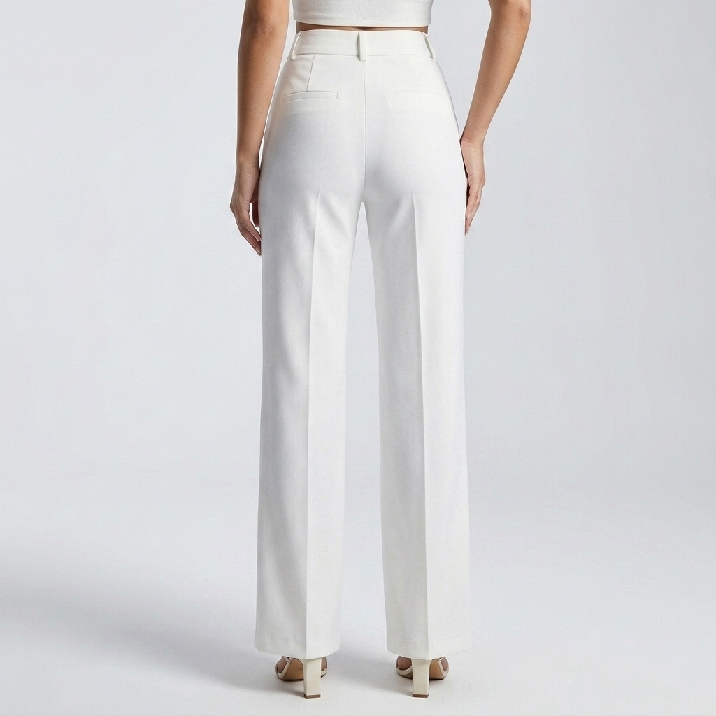 Back view of white high-waisted trousers showing two welt back pockets and a centre crease on each leg 3