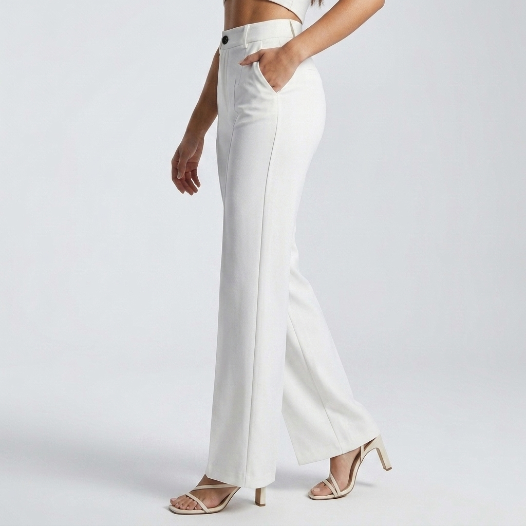 Side view of white trousers on a model, hand in the side pocket, showing the straight leg 4