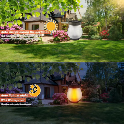 Daytime and night views of a lantern in a garden, charging by sun then lighting up 11