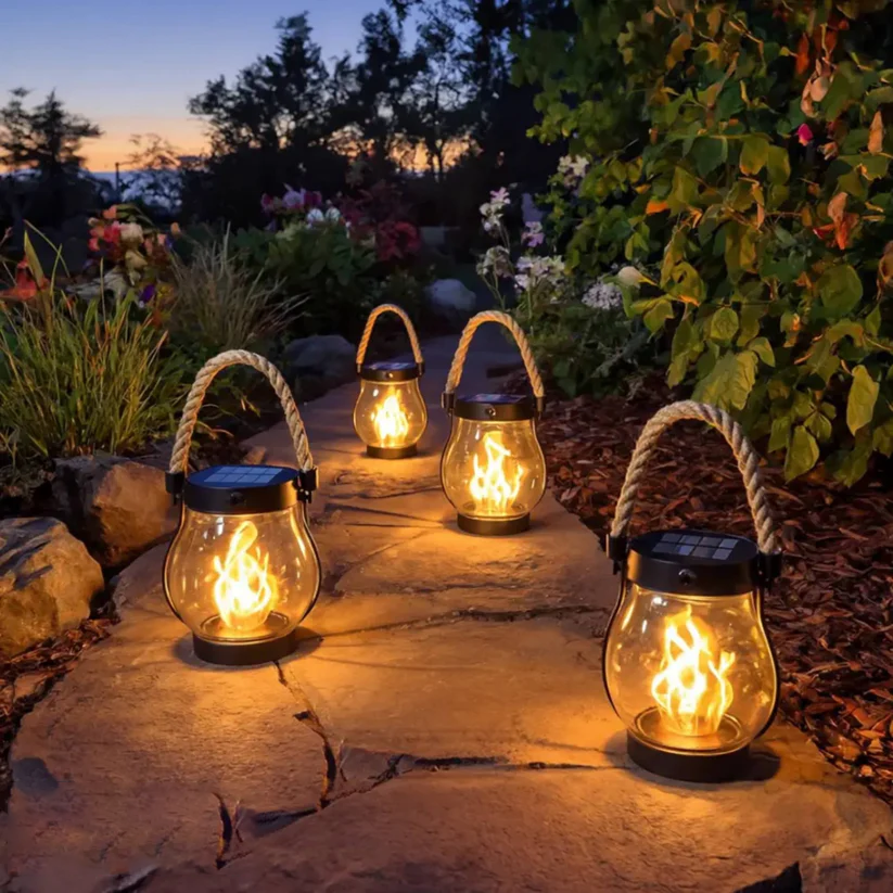 Four lanterns with rope handles lighting a stone garden path at sunset beside shrubs 13