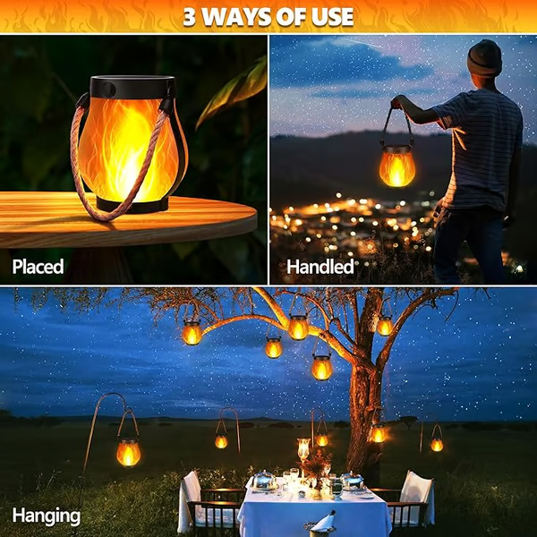 Three examples of use: lantern on a wooden table, carried by a person, and hanging from a tree 5