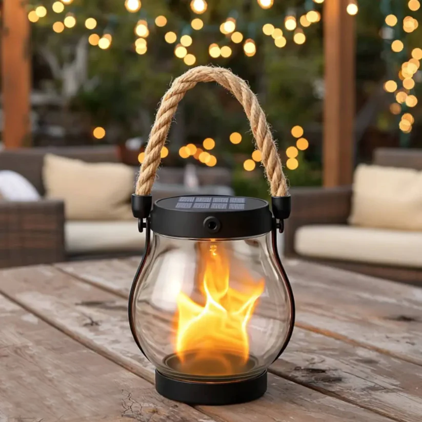 Lantern with solar panel on top, glowing on a weathered table beside outdoor seating and fairy lights 12
