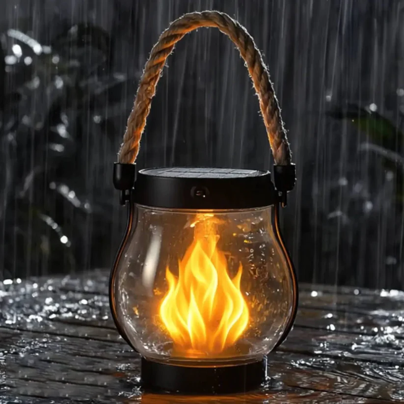 Glowing lantern standing on a wet surface in heavy rain, showing weather resistance 8