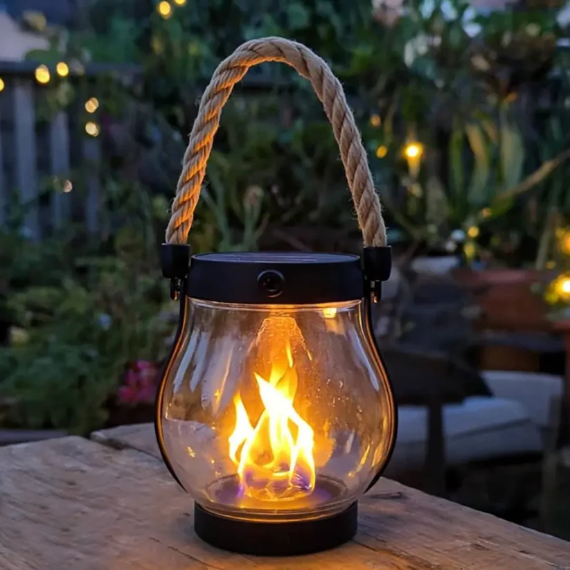 Lantern with flickering flame glowing on a rustic wooden table in a garden at dusk 9