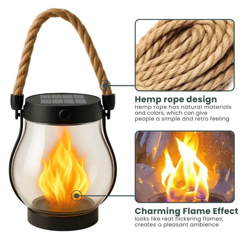 Lantern with rope handle and glass body, with close-ups of the twisted rope and flame glow 3