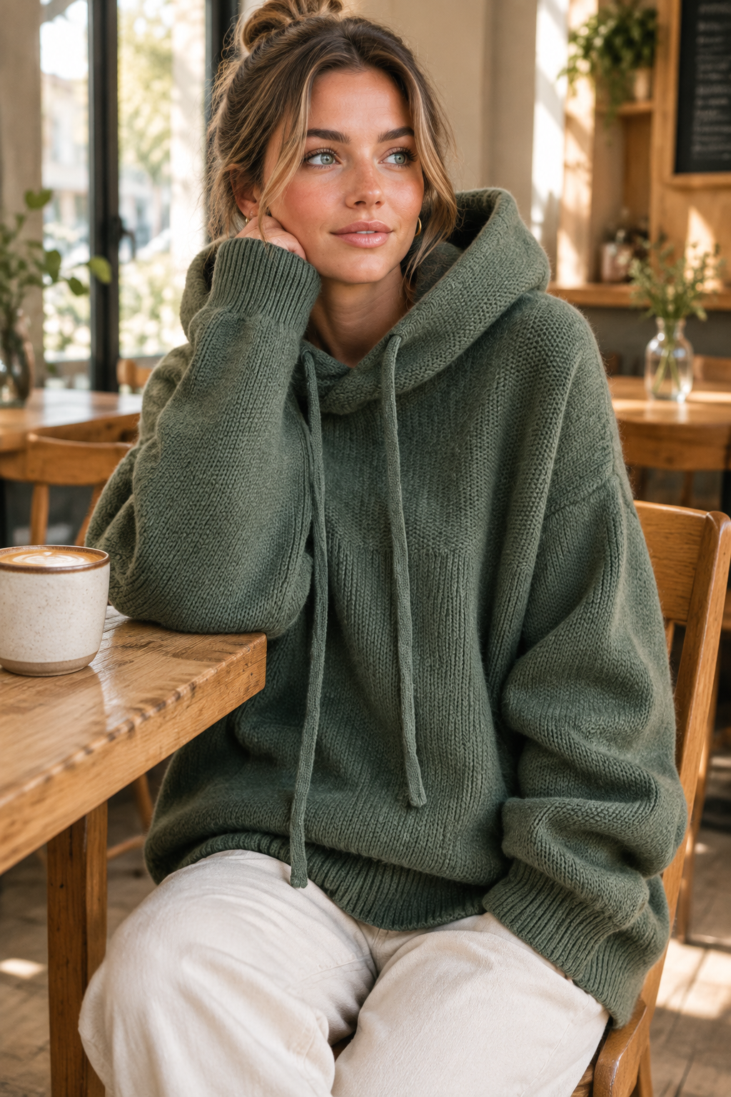 Woman in a green knitted drawstring cowl-neck jumper resting her chin on her hand in a cafe 1