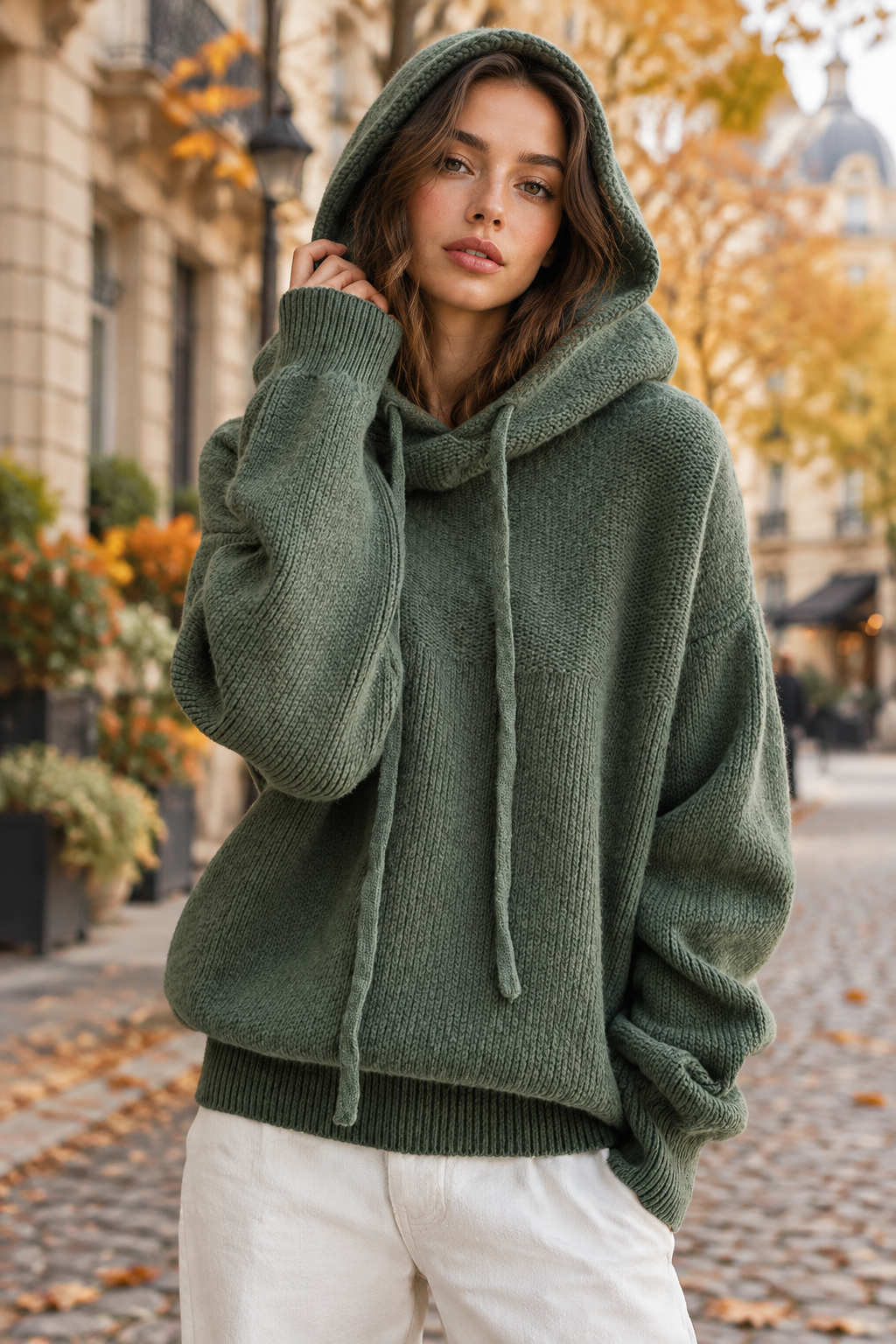 Model in a green knitted hooded jumper with drawstrings, standing on an autumn cobbled street in white trousers 1