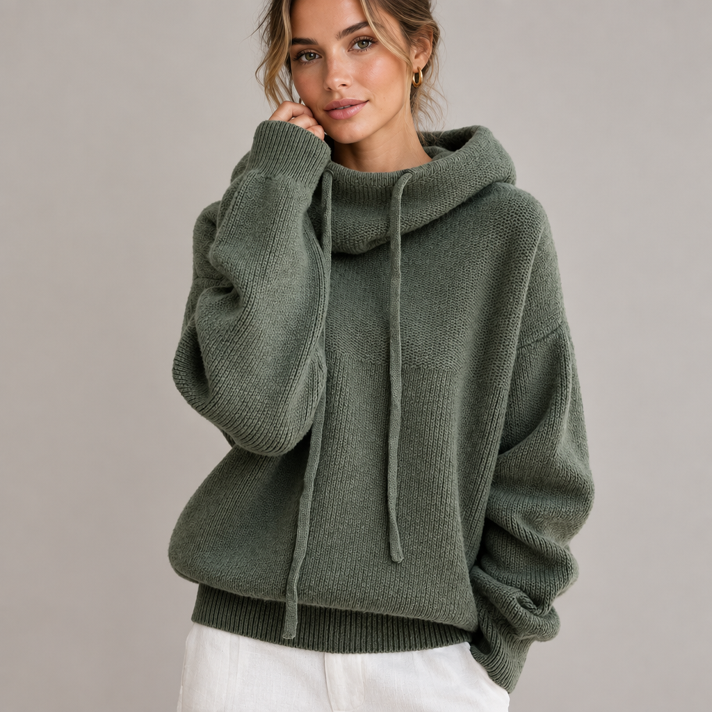 Smiling woman wearing the sage green knitted jumper with a slouchy cowl neck, drawstrings and white trousers 1
