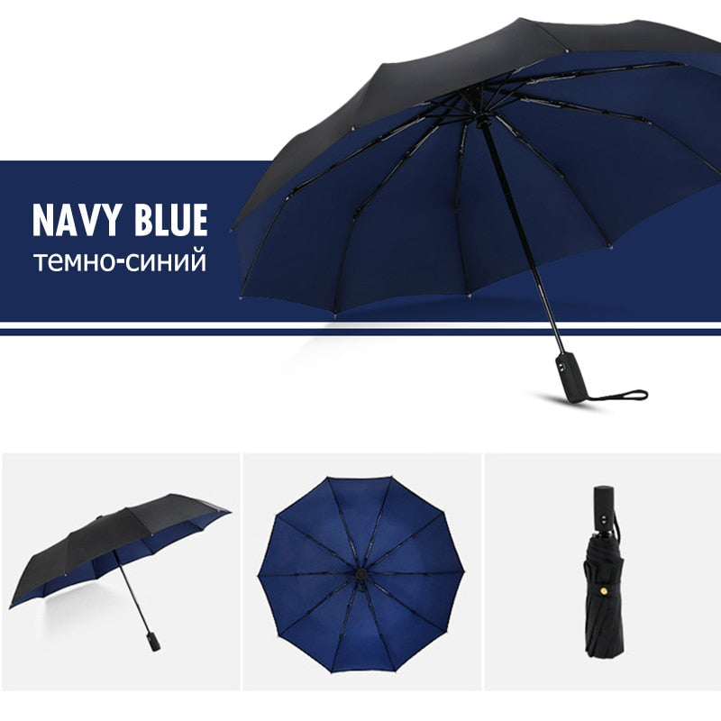 Umbrella with black outer canopy and navy blue underside, shown open, from below and folded 3