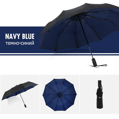 Umbrella with black outer canopy and navy blue underside, shown open, from below and folded 3