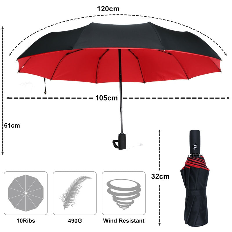 Open black and red umbrella with size labels, ten ribs, weight and wind resistance icons 7