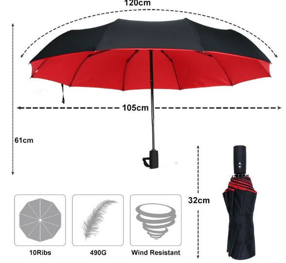 Black and red umbrella with its open and folded dimensions, ten ribs, weight and wind resistance icons 17
