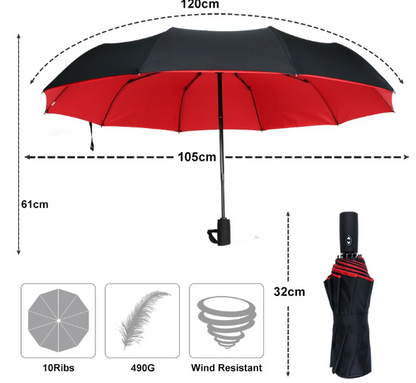 Black and red umbrella with its open and folded dimensions, ten ribs, weight and wind resistance icons 17