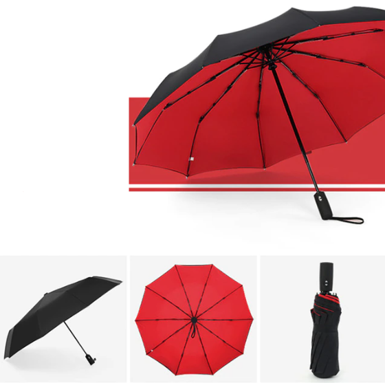 Bright red lined umbrella shown open from the side, from underneath and folded 16