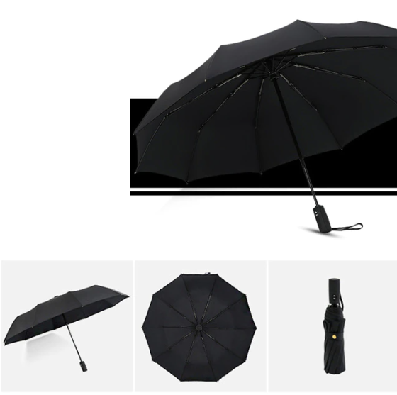 All-black umbrella shown open from the side, from underneath and folded 13