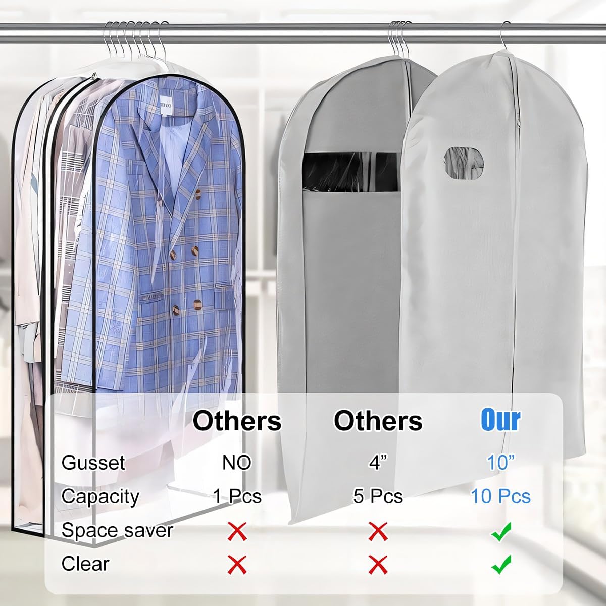 Clear garment covers with side gussets – 3-pack storage bags with side zip (Buy 1, get 1 FREE)