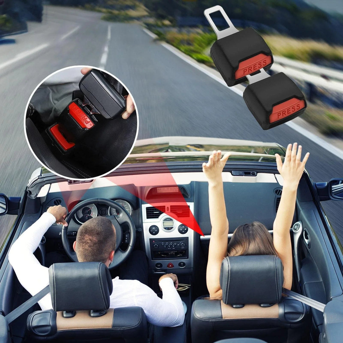 Two black buckle inserts above an aerial view of a driver and a passenger in an open-top car 1