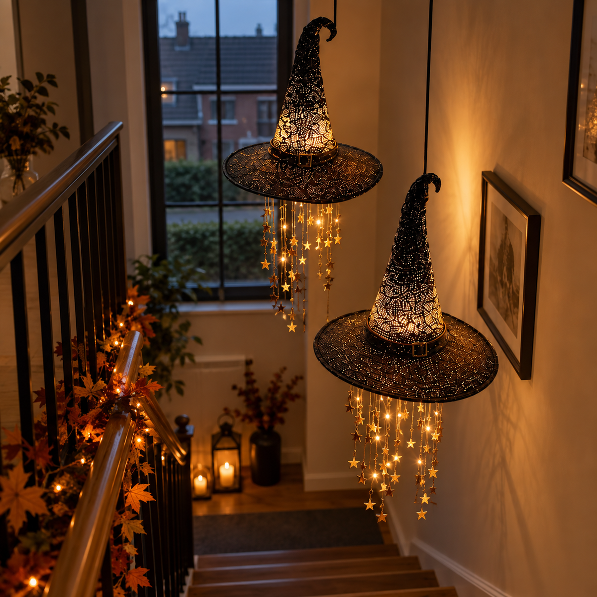 Two lit witch hats with star strings hang over a stairwell, seen from above, with an autumn leaf garland on the banister. 9