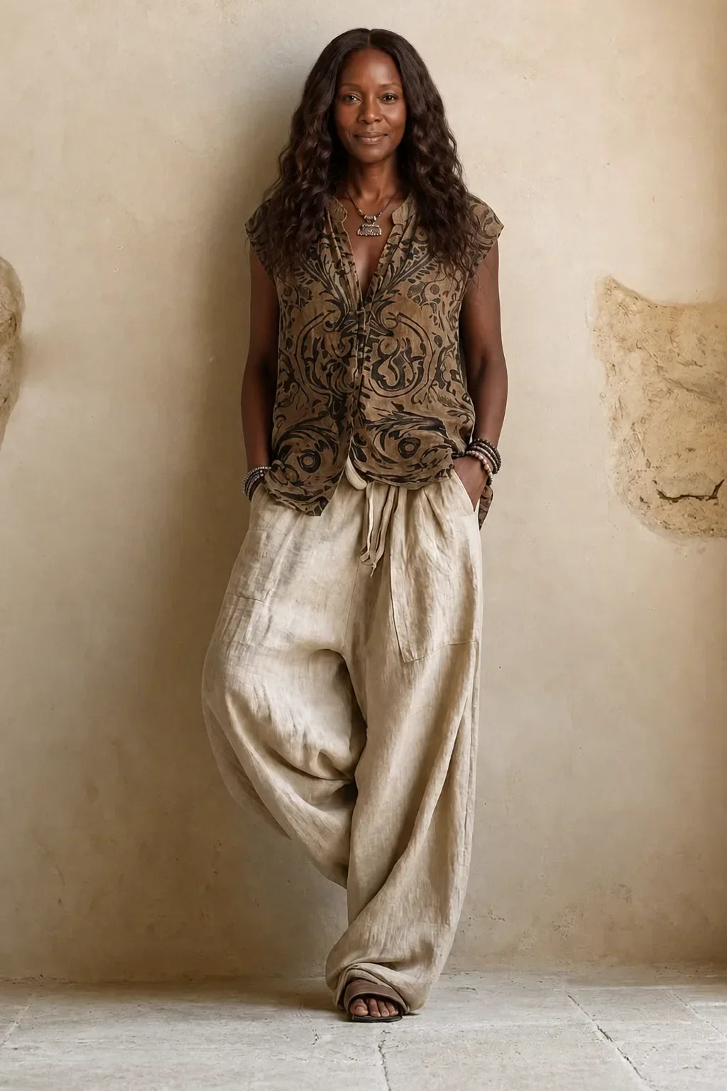 Model wearing only the sleeveless patterned top and wide cream drawstring trousers, hands in pockets, without the cardigan. 2