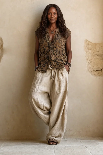 Model wearing only the sleeveless patterned top and wide cream drawstring trousers, hands in pockets, without the cardigan. 2