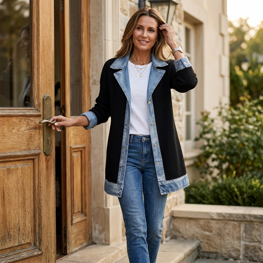 Model wearing the black coat with white top and jeans, opening a wooden front door 2