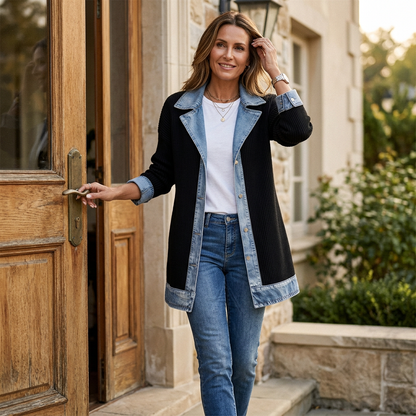 Model wearing the black coat with white top and jeans, opening a wooden front door 2