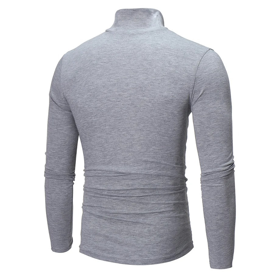 Back view of the light grey marl high neck top, showing the collar and seams 9