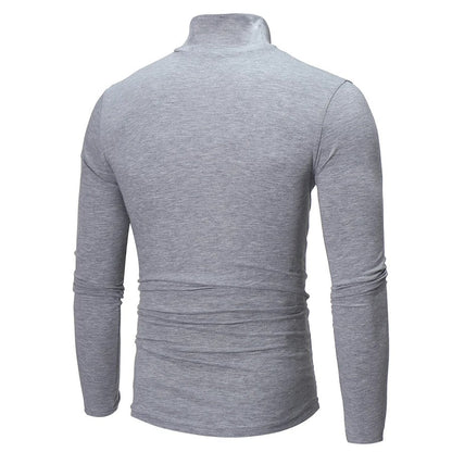Back view of the light grey marl high neck top, showing the collar and seams 9