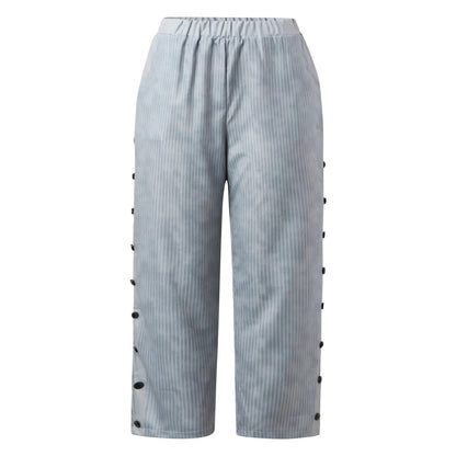 Striped High-Waist Ladies' Trousers with Decorative Buttons – Florence