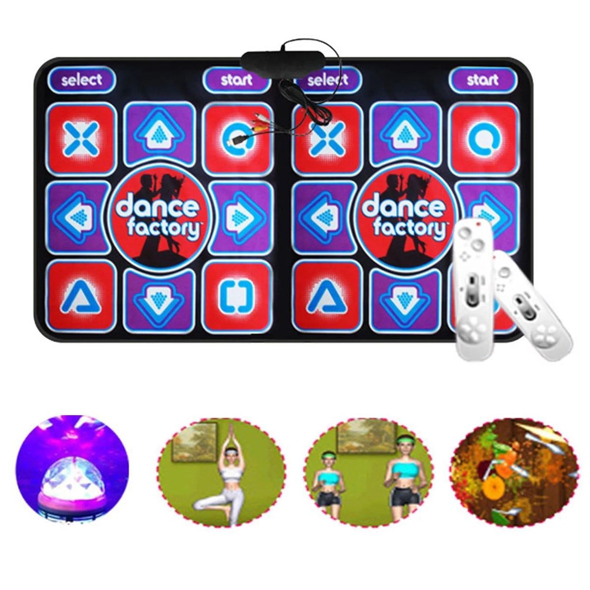 Top view of the mat with two white remotes and a connecting cable, plus small game previews below 3