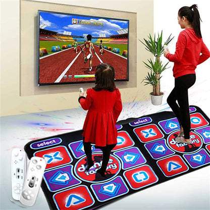 Woman and girl in red stand on the mat playing a running game on a wall-mounted TV 1