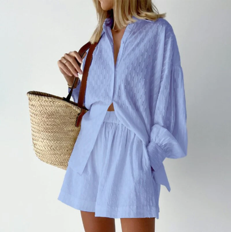 Two-piece women's summer suit with lantern sleeves – Nina