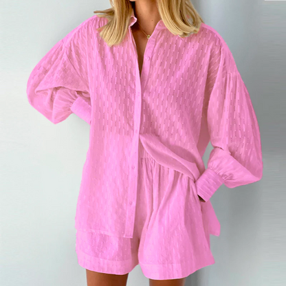 Two-piece women's summer suit with lantern sleeves – Nina