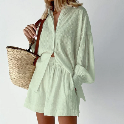 Two-piece women's summer suit with lantern sleeves – Nina