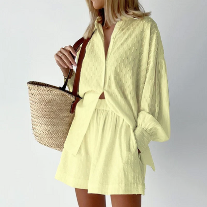 Two-piece women's summer suit with lantern sleeves – Nina