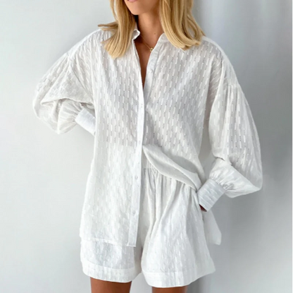 Two-piece women's summer suit with lantern sleeves – Nina